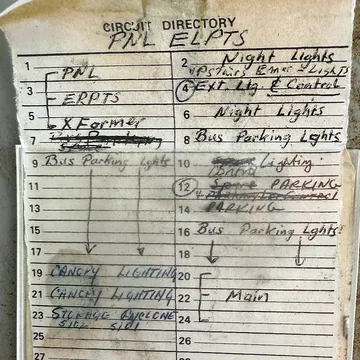 A water-stained circuit directory with torn edges, its entries handwritten and several crossed out.
